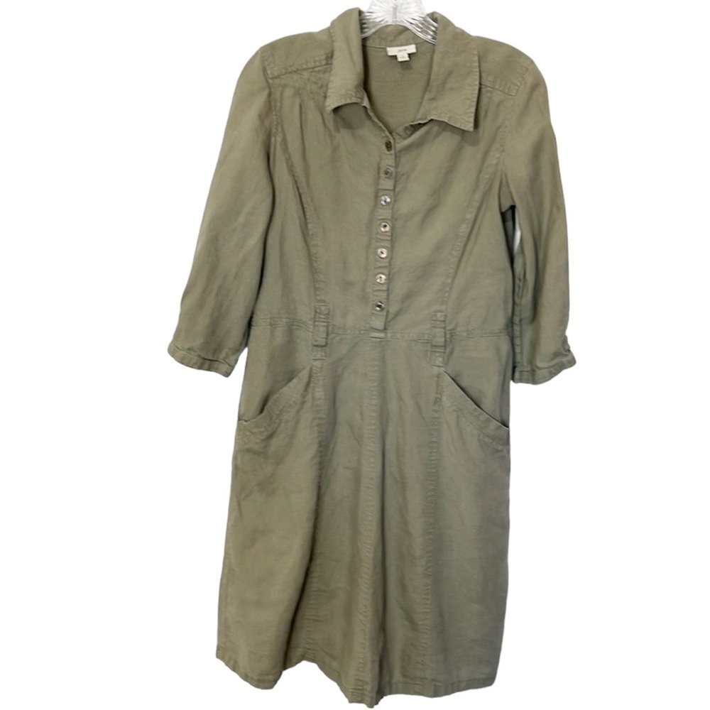 J. Jill Women Dress 100% Linen Size 4 Kha Tan Green Popover 3/4 Sleeve Pockets